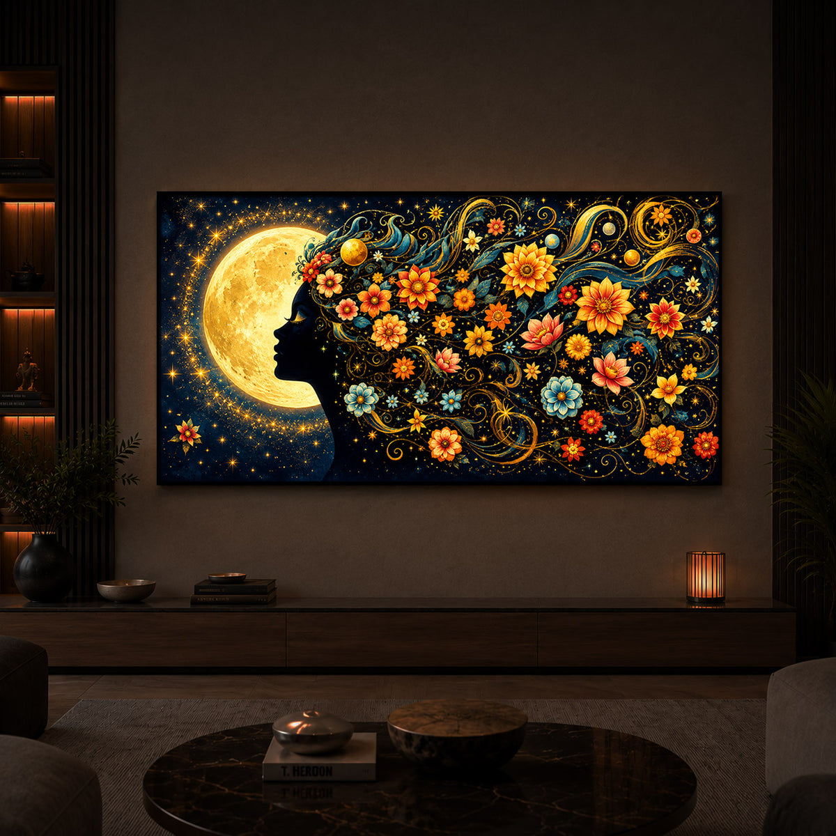 Dreamy Moon Girl Modern Luxury Backlight Horizontal Wall Art