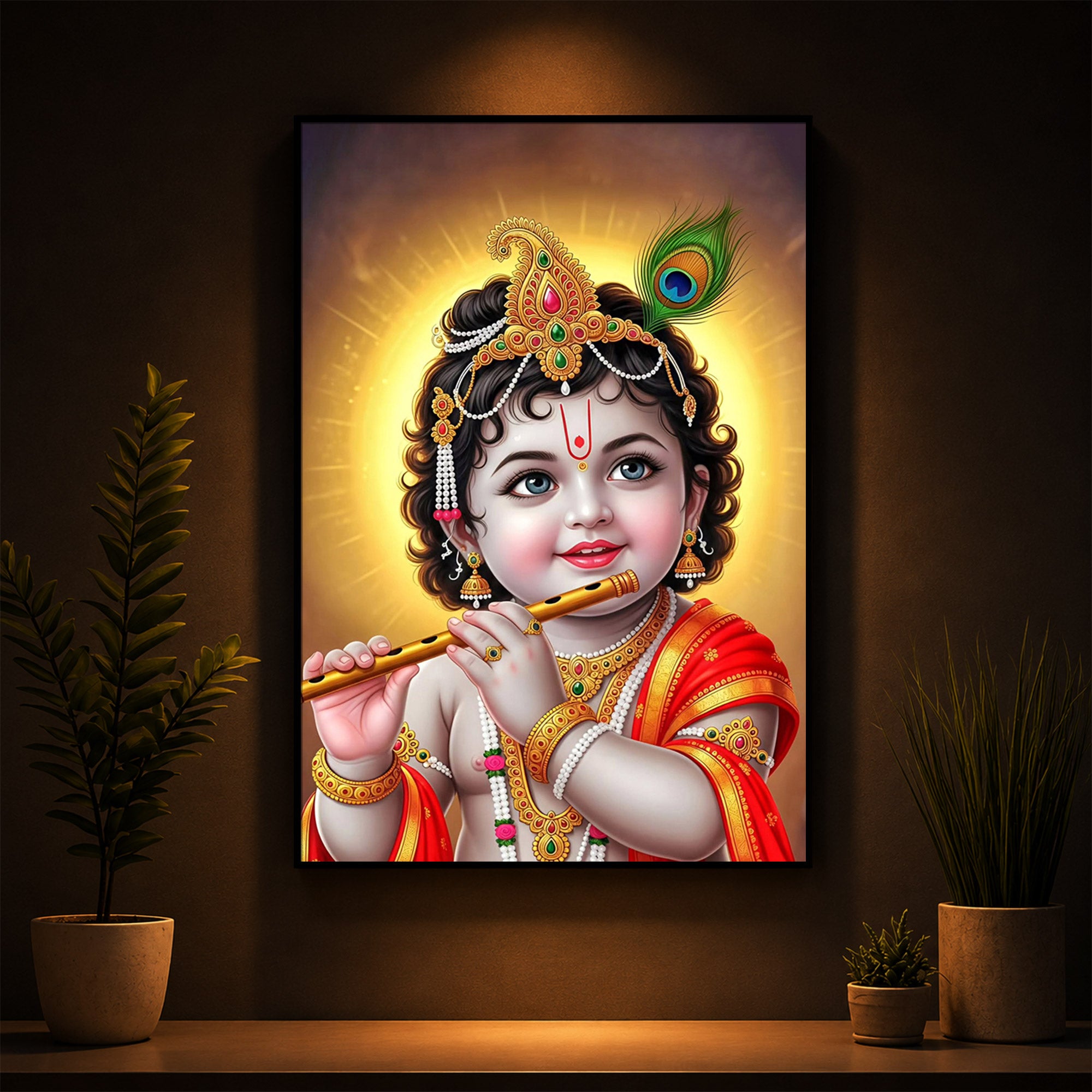 Lord baby Krishna Modern Luxury Backlight Vertical Wall Art