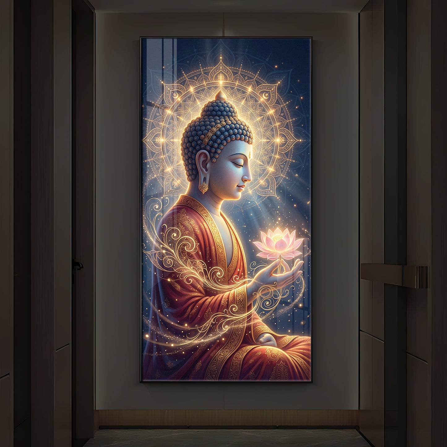 Depiction Of Buddha Modern Luxury Backlight Vertical Wall Art