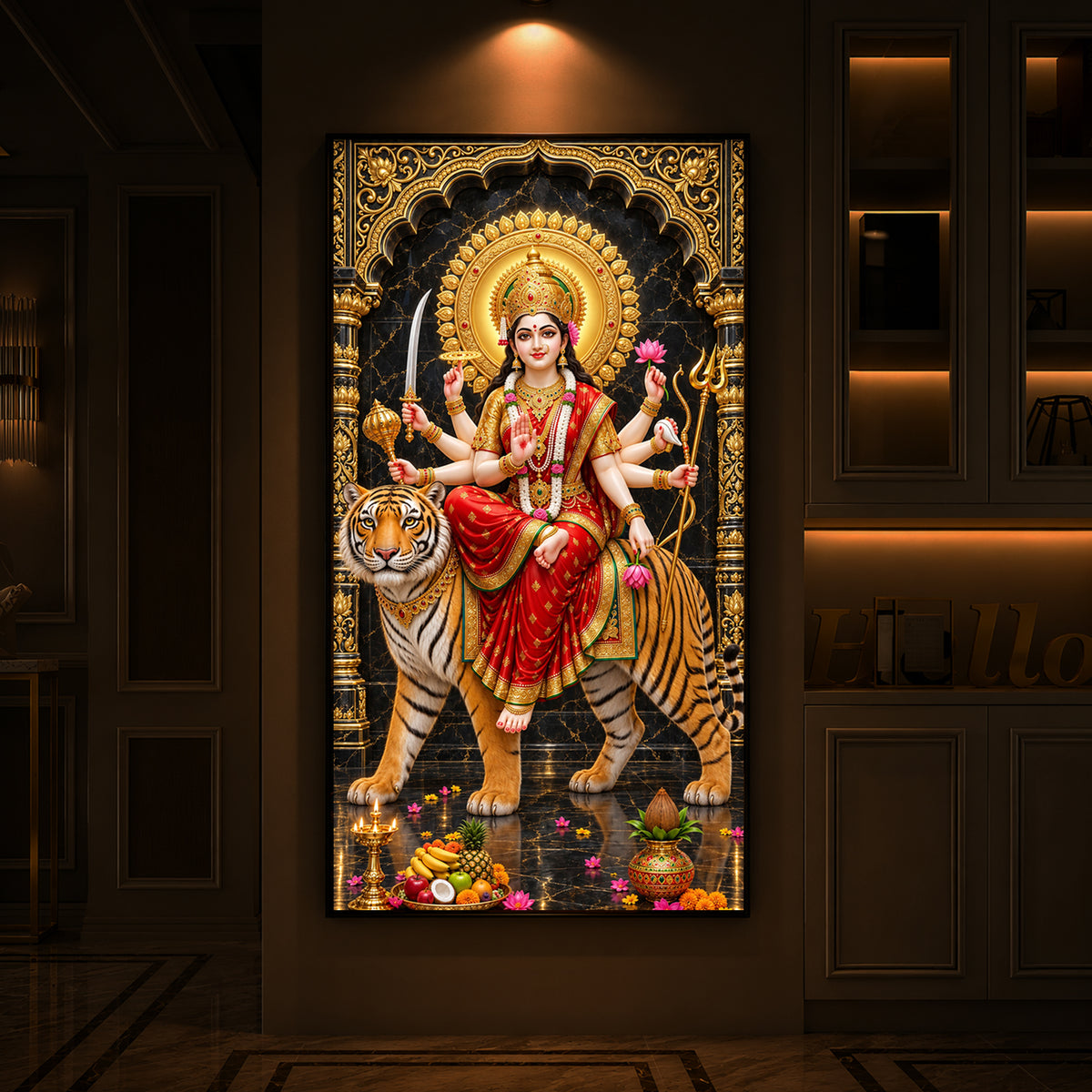 Goddess Ashtabhuja Durga Modern Luxury Backlight Vertical Wall Art