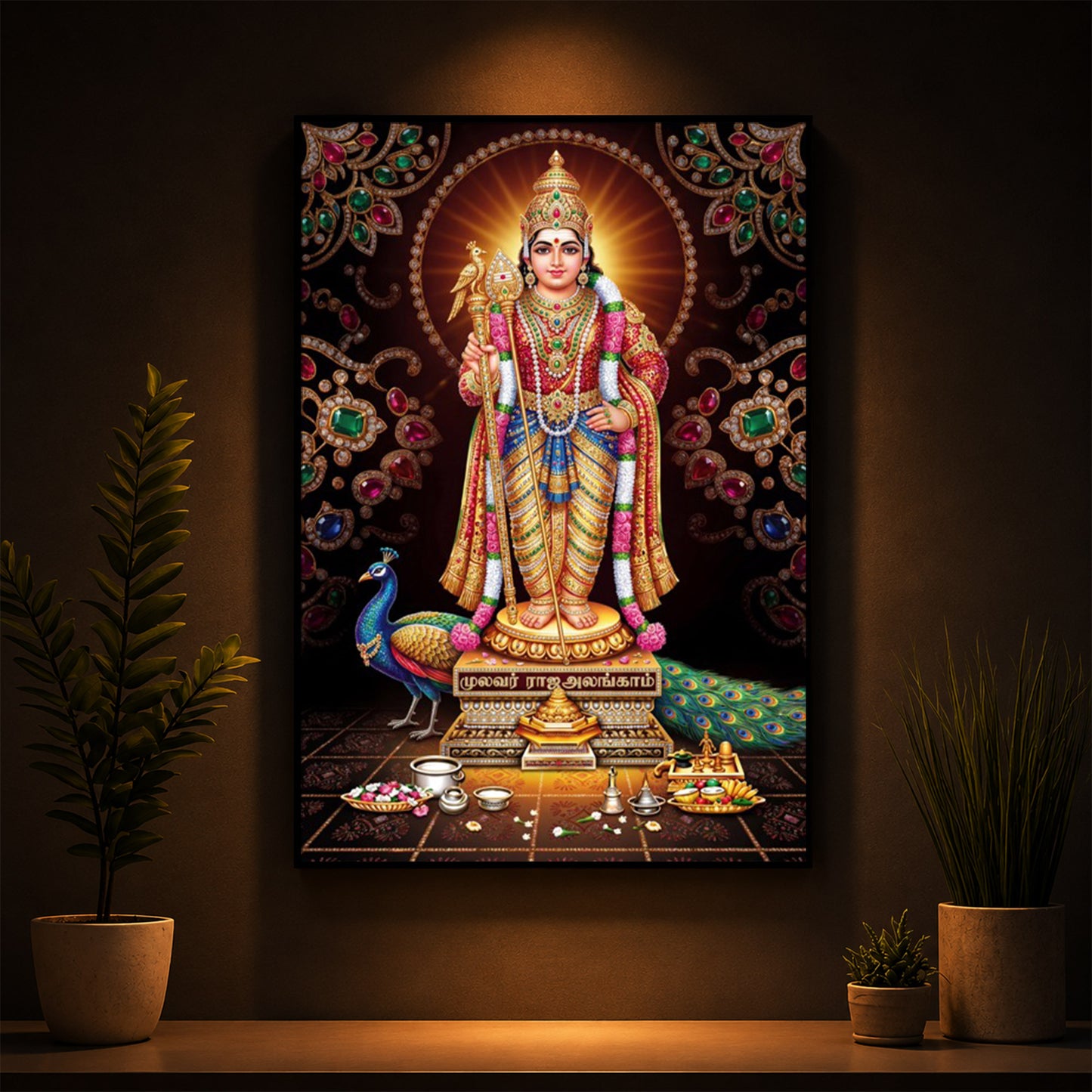 Lord Murugan With Peacock Modern Luxury Backlight Vertical Wall Art