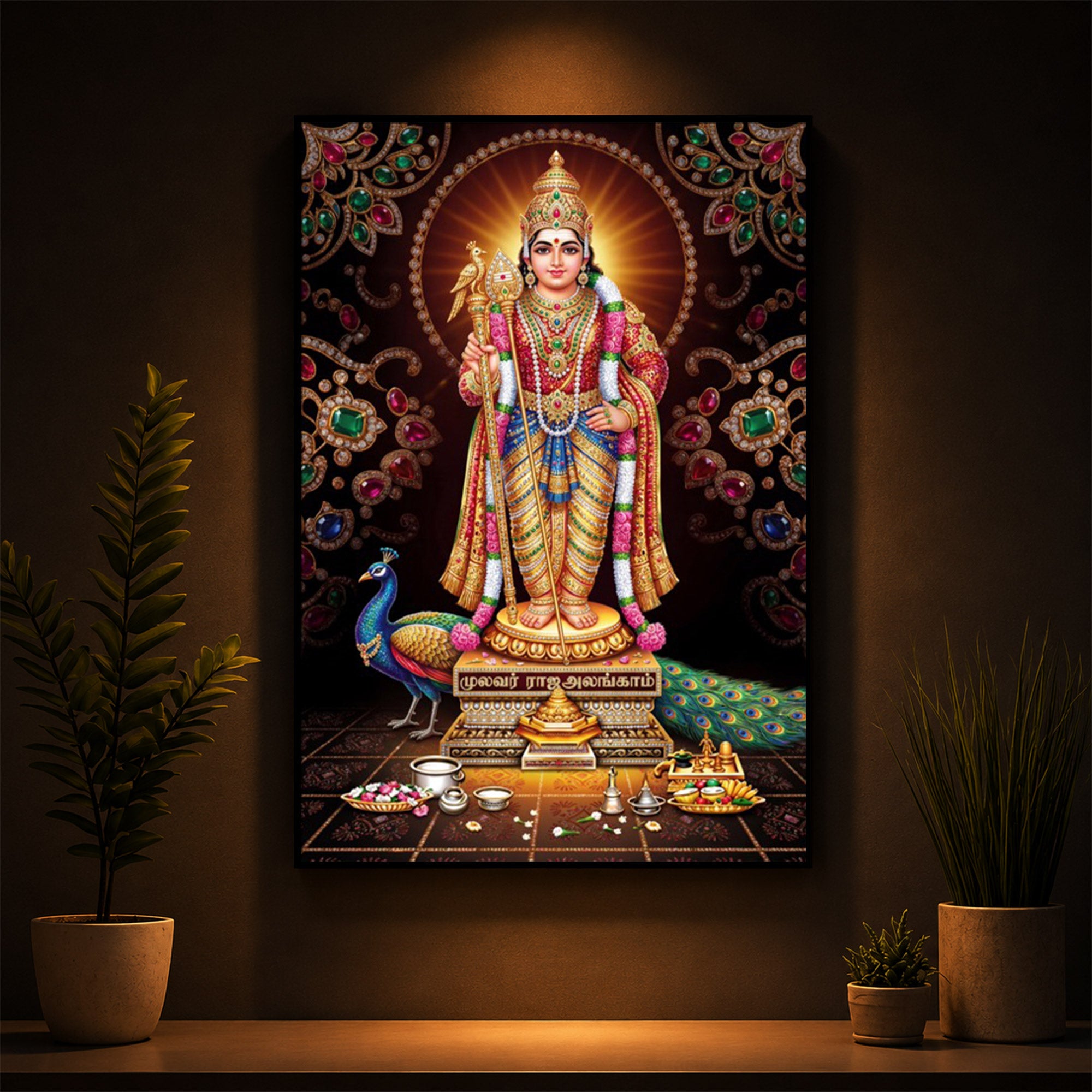 Lord Murugan With Peacock Modern Luxury Backlight Vertical Wall Art