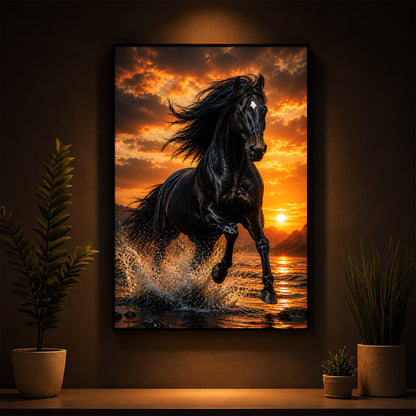 Vastu Black horse Modern Luxury Backlight Vertical Wall Art