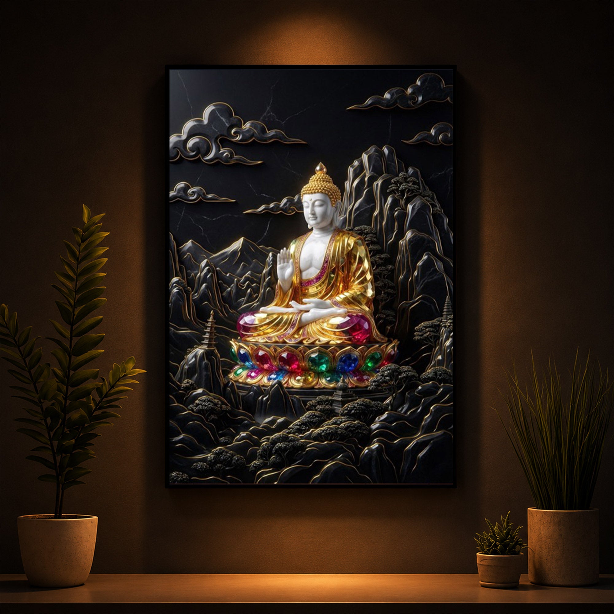 Buddha With Dark Background Modern Luxury Backlight Vertical Wall Art