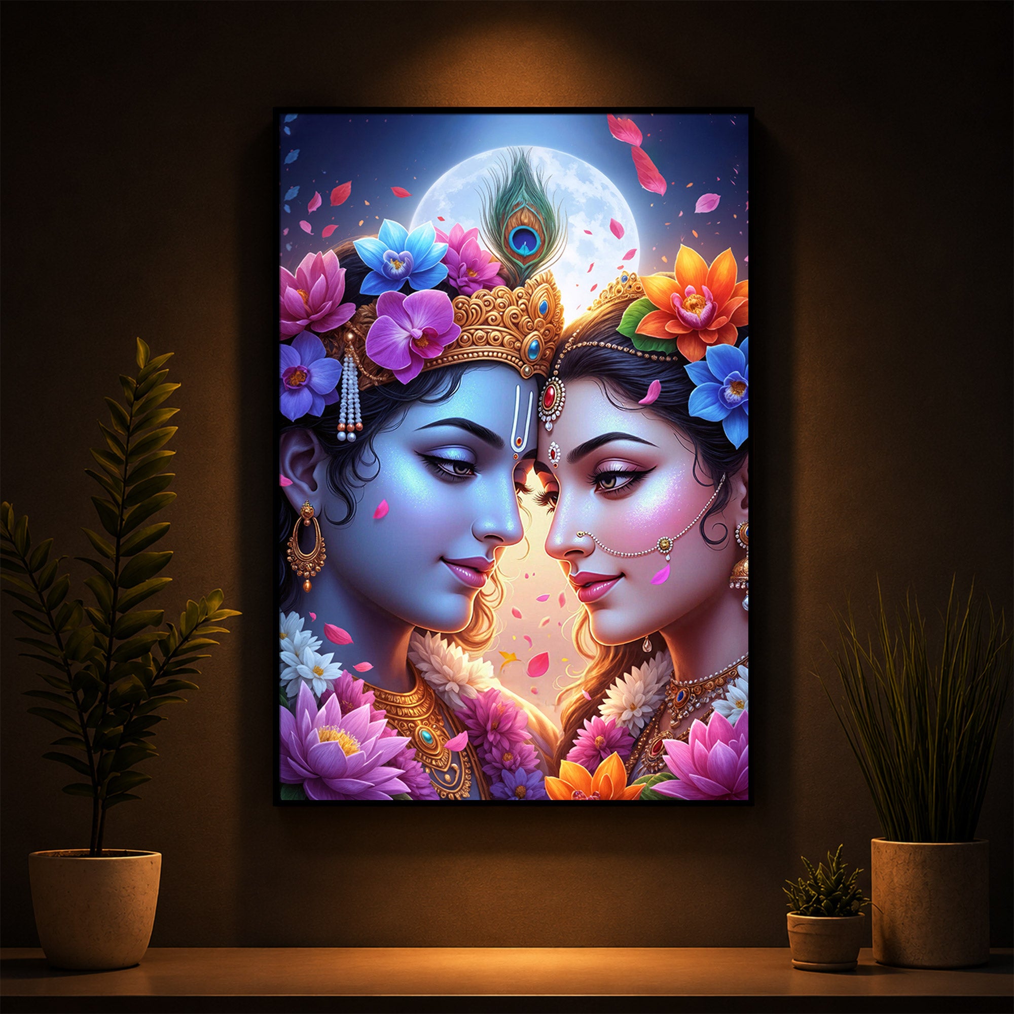 Loving Shri Radha Krishna Modern Luxury Backlight Vertical Wall Art