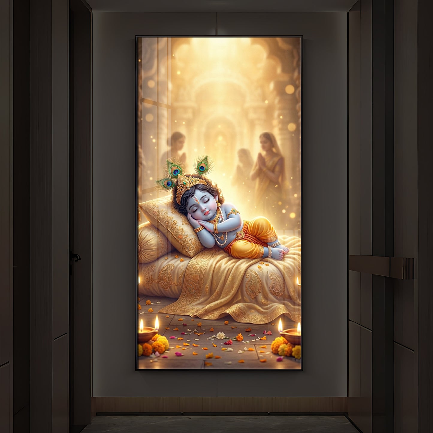 Sleeping Little Krishna Ji Modern Luxury Backlight Vertical Wall Art