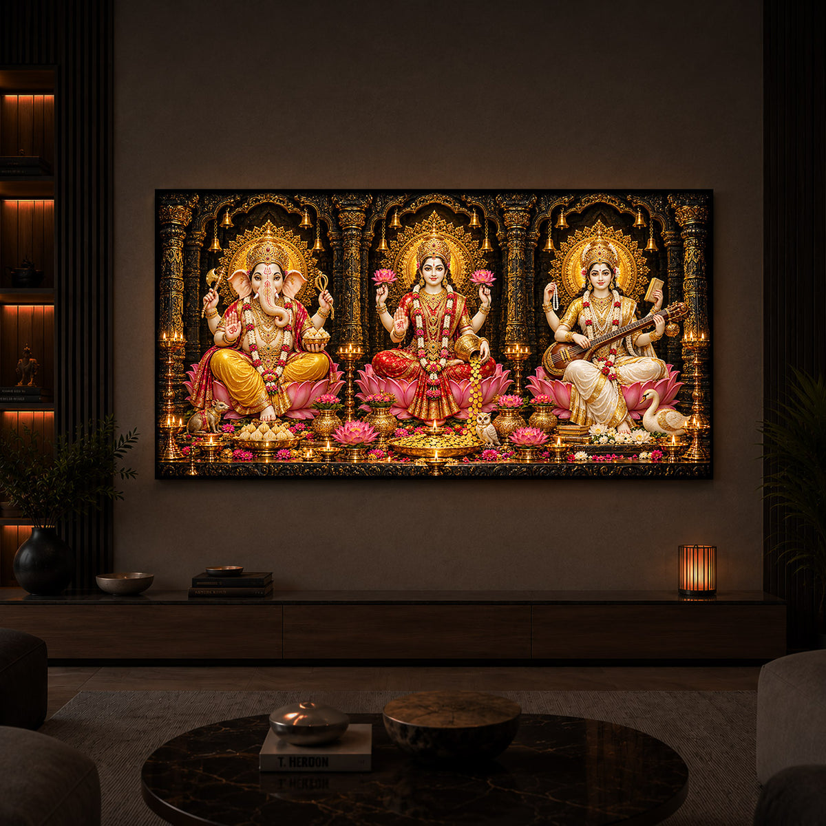 Goddess Lakshmi, Lord Ganesha and Goddess Saraswati Modern Luxury Backlight Horizontal Wall Art