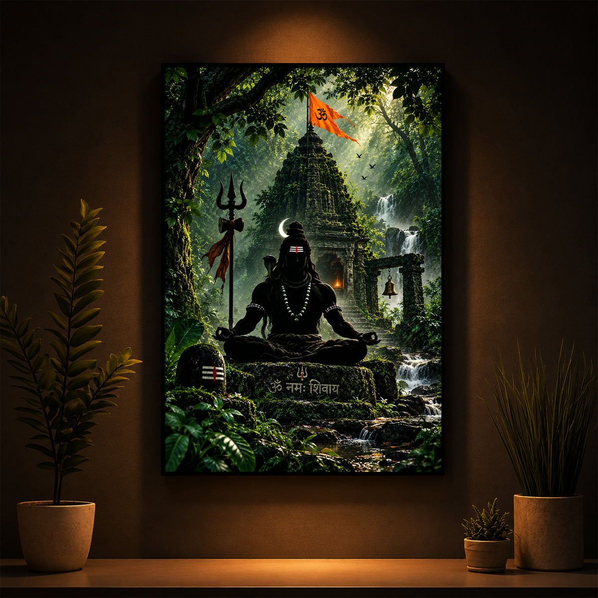 Lord Shiva Meditating In Forest Modern Luxury Backlight Vertical Wall Art