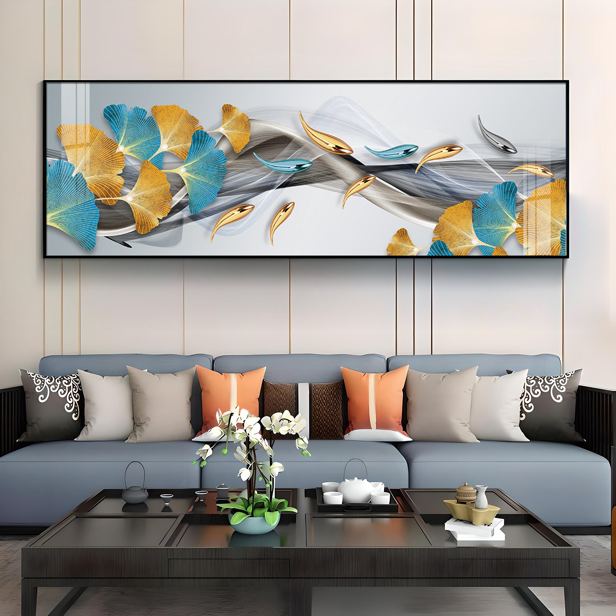 Blue & Golden Leaf Premium Acrylic Horizontal Wall Art