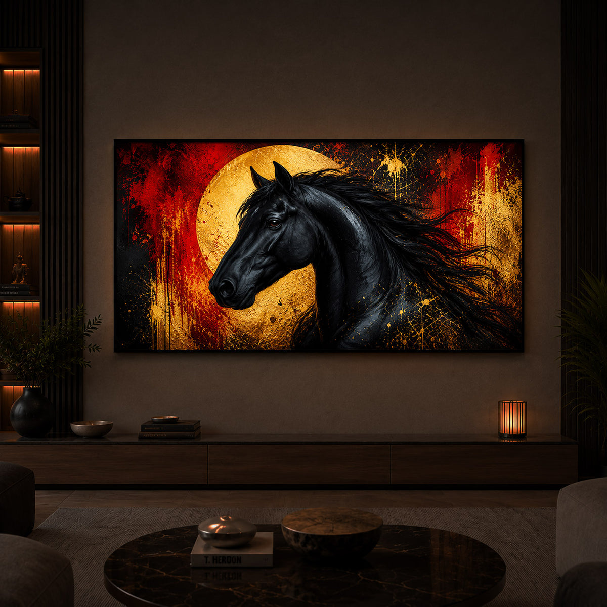 Black Horse With Abstract Background Modern Luxury Backlight Horizontal Wall Art