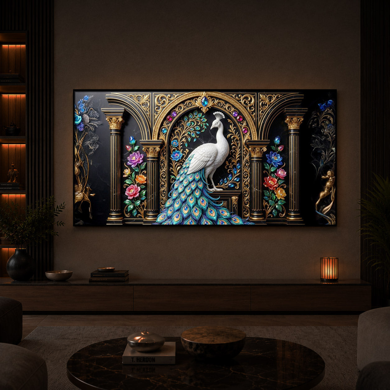 White Peacock Against A Dark Modern Luxury Backlight Horizontal Wall Art