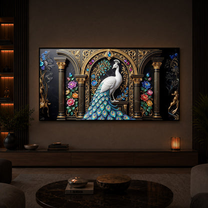 White Peacock Against A Dark Modern Luxury Backlight Horizontal Wall Art