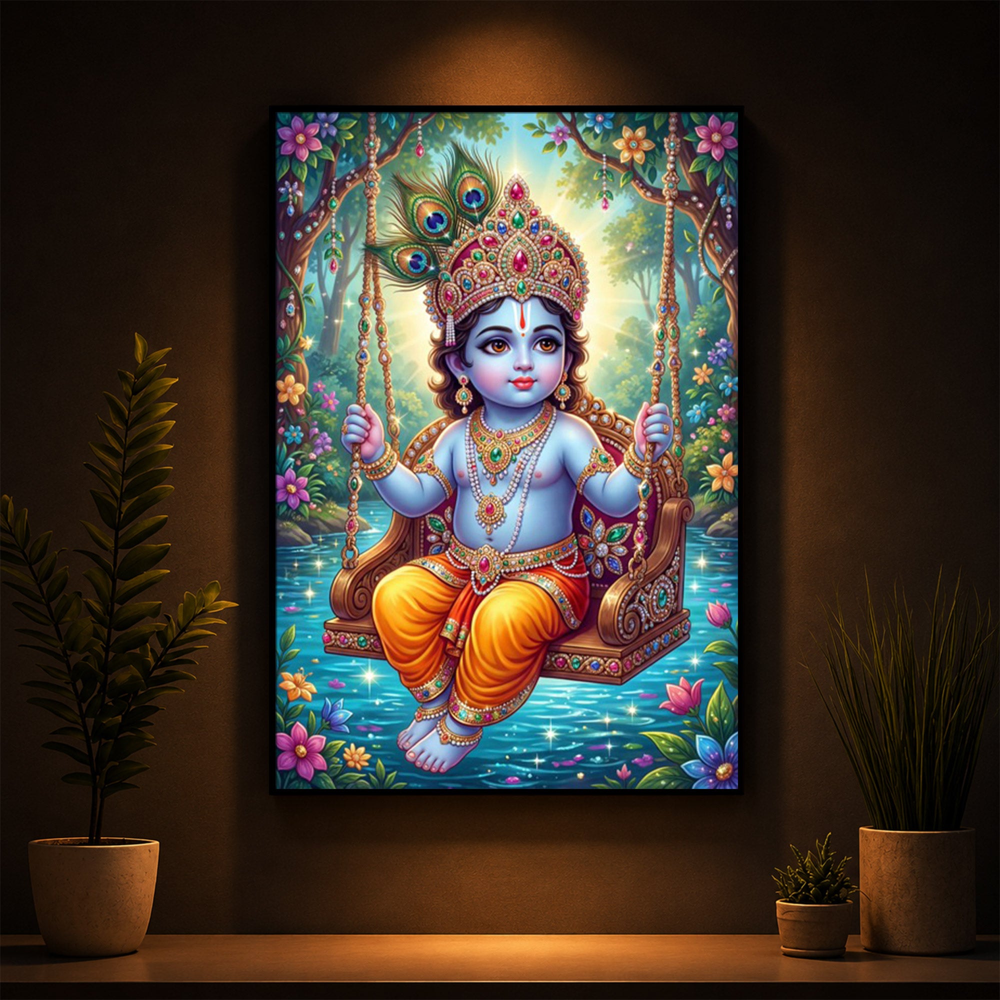 Divine Lord Krishna Modern Luxury Backlight Vertical Wall Art