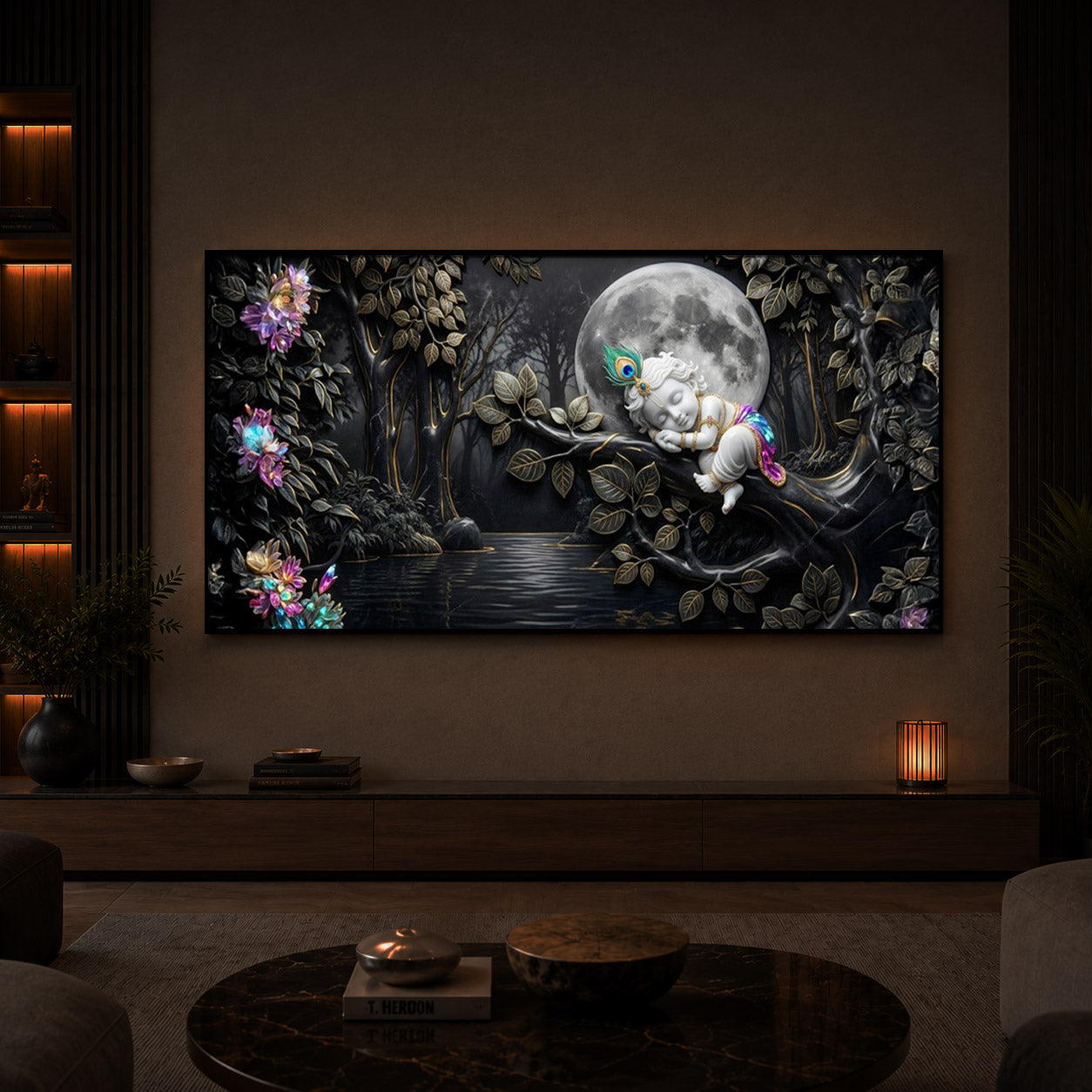 Divine Lord Little Krishna Modern Luxury Backlight Horizontal Wall Art