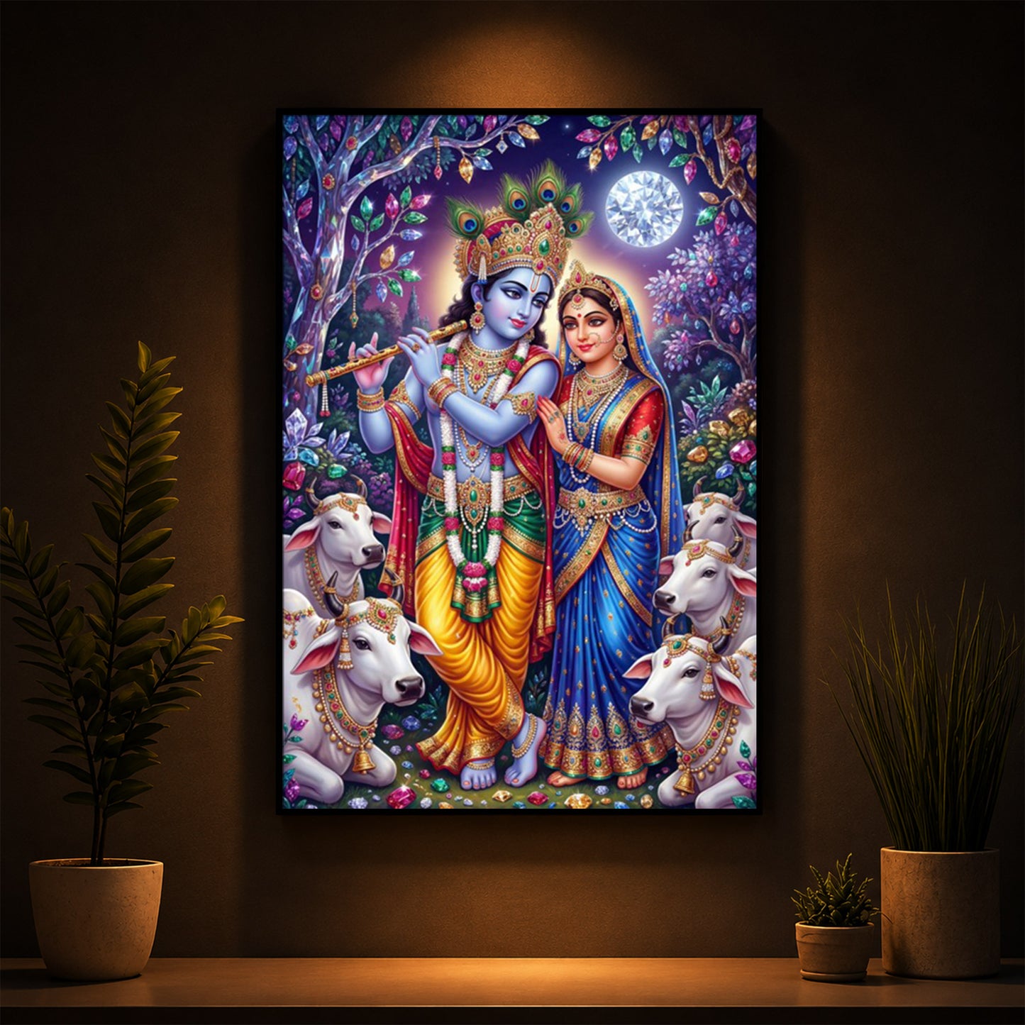 Lord Radha Krishna With Flute Modern Luxury Backlight Vertical Wall Art