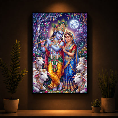 Lord Radha Krishna With Flute Modern Luxury Backlight Vertical Wall Art