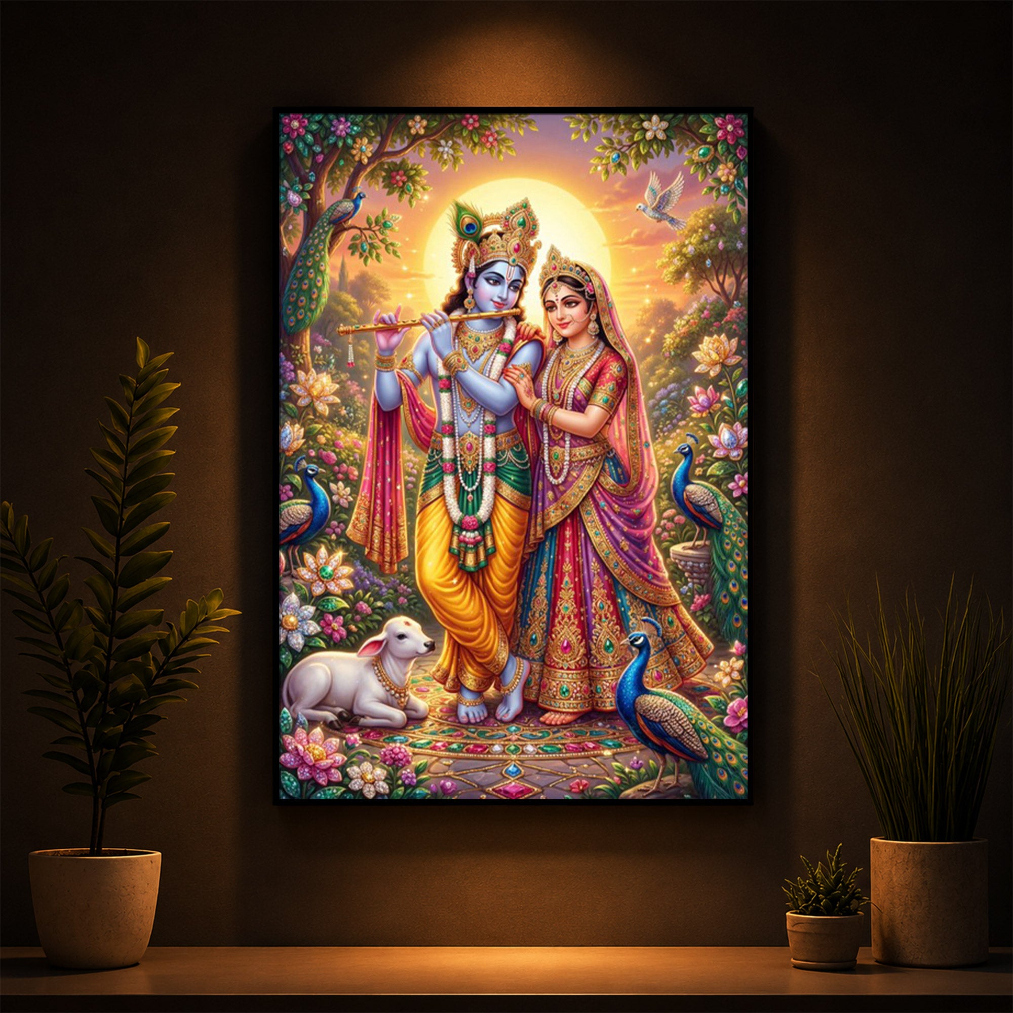 Radha Krishna Divine Harmony Modern Luxury Backlight Vertical Wall Art