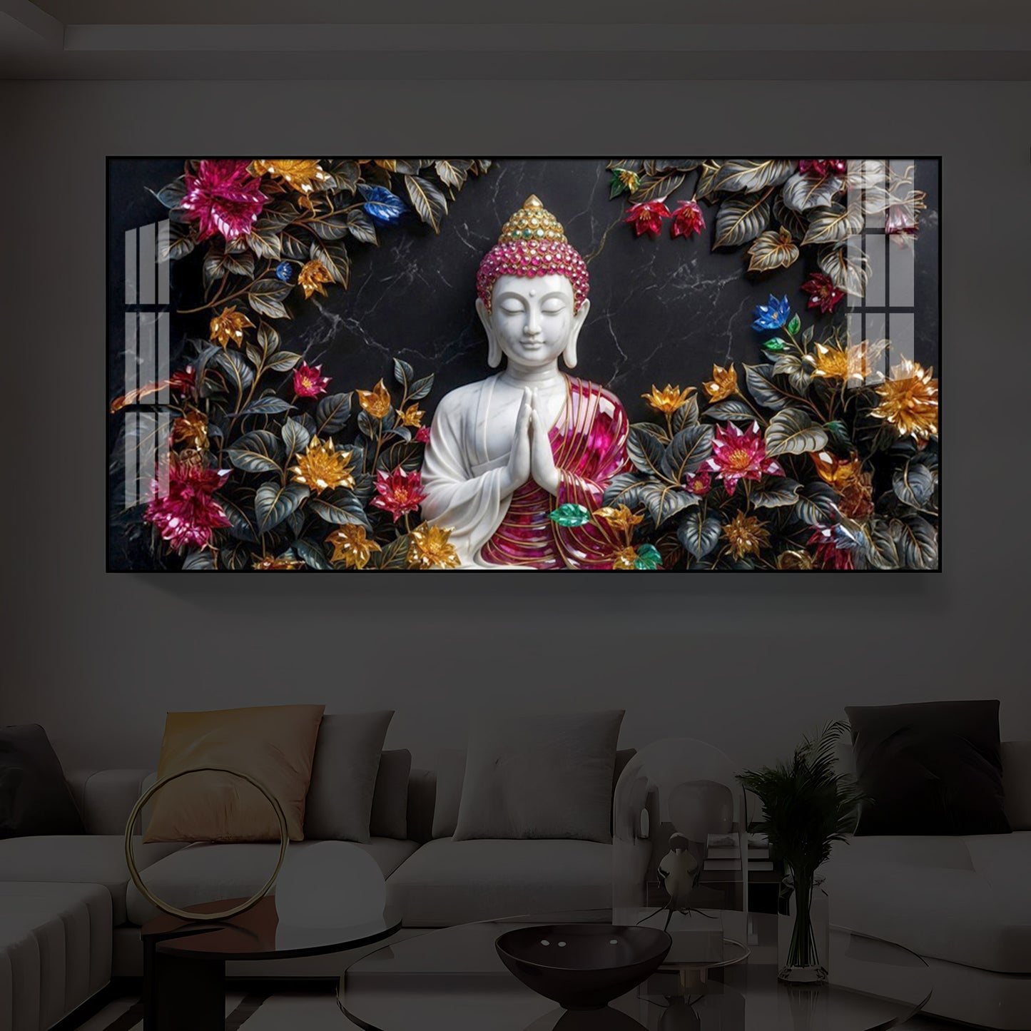 White Buddha With Pink Lotus Modern Luxury Backlight Horizontal Wall Art