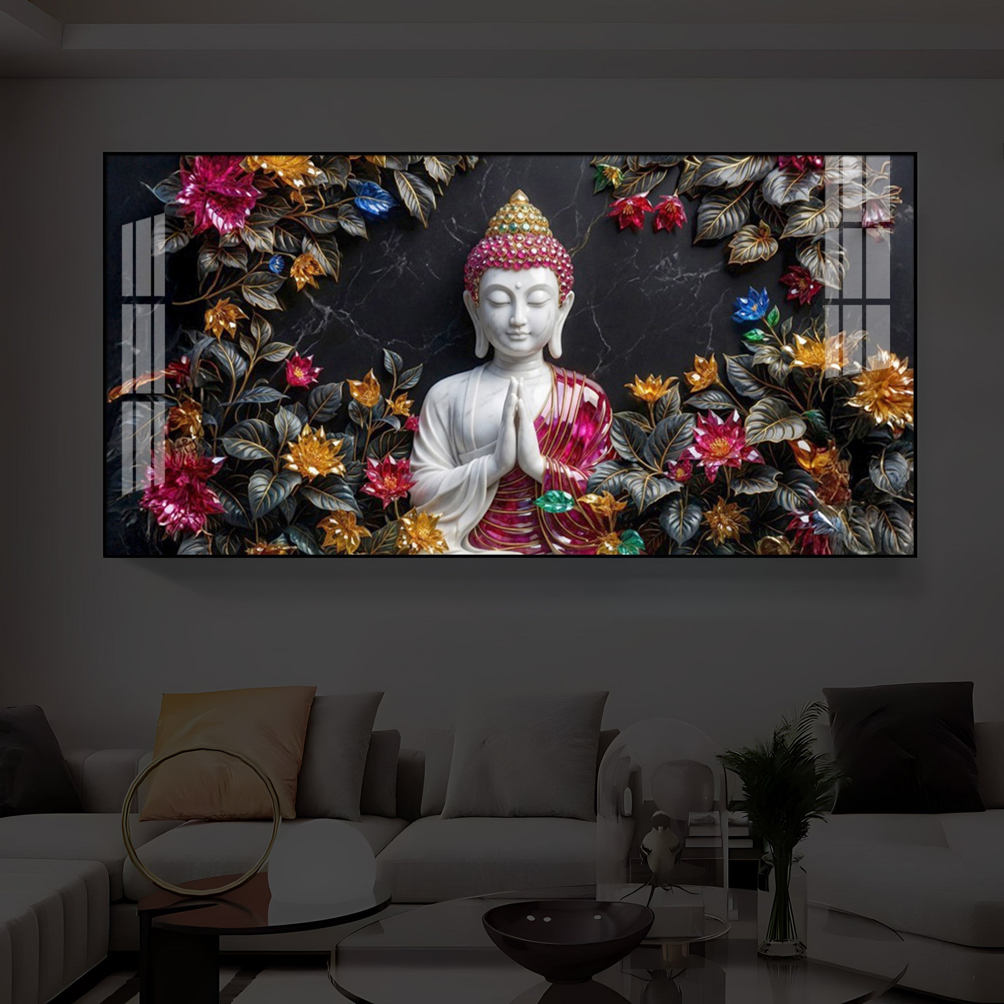 White Buddha With Pink Lotus Modern Luxury Backlight Horizontal Wall Art
