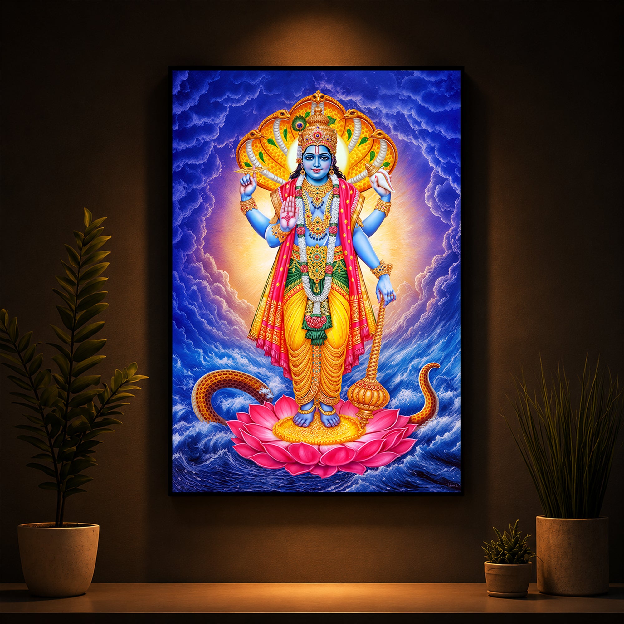 Sri Maha Vishnu Modern Luxury Backlight Vertical Wall Art