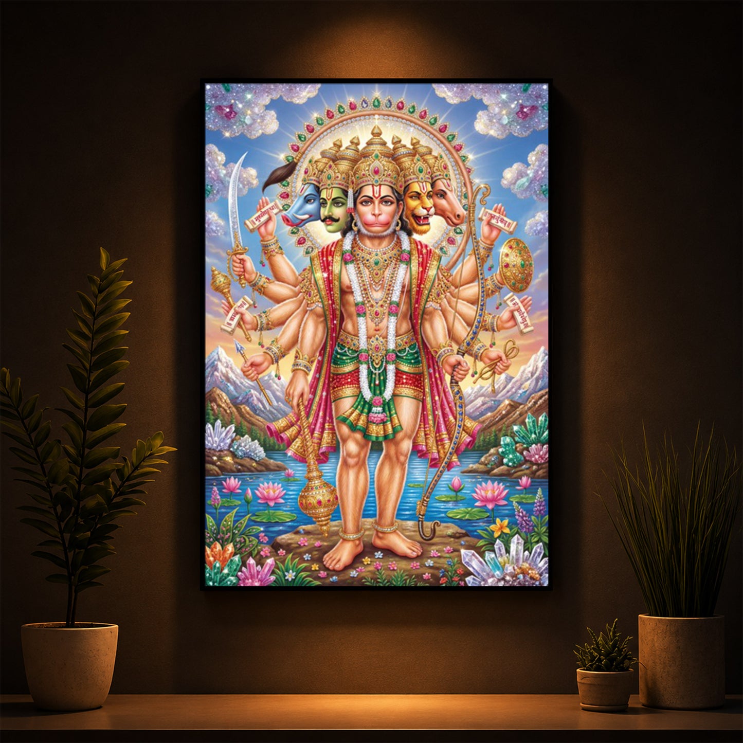 Panchmukhi Lord Hanuman Ji Modern Luxury Backlight Vertical Wall Art