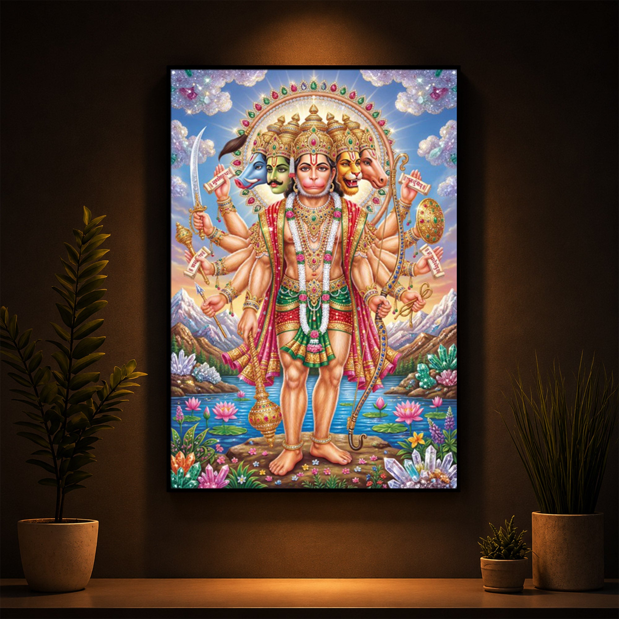 Panchmukhi Lord Hanuman Ji Modern Luxury Backlight Vertical Wall Art