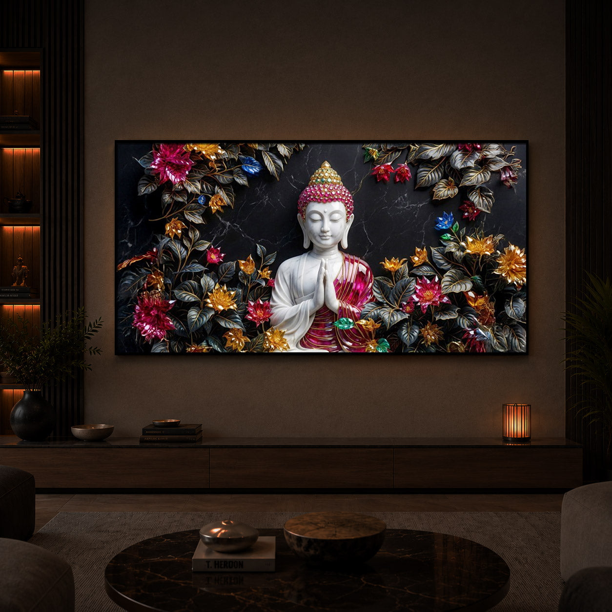 White Buddha With Pink Lotus Modern Luxury Backlight Horizontal Wall Art