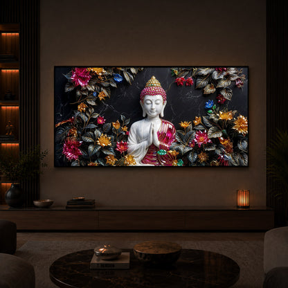 White Buddha With Pink Lotus Modern Luxury Backlight Horizontal Wall Art
