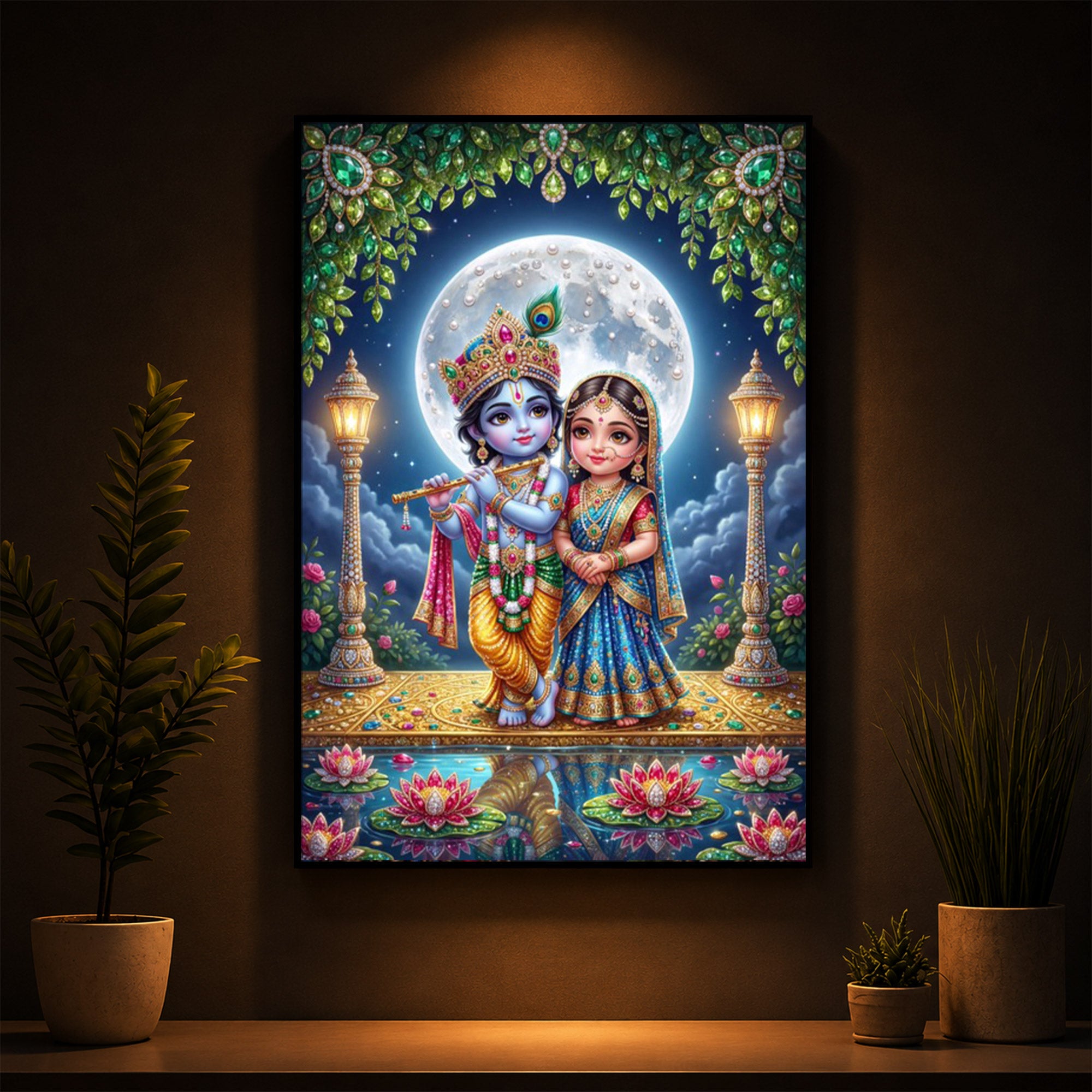 Little Radha Krishna Modern Luxury Backlight Vertical Wall Art