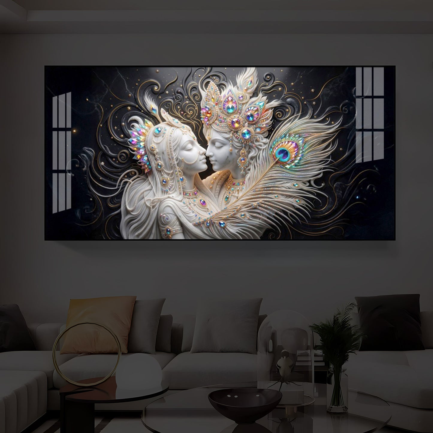 Depicts Radha Krishna Modern Luxury Backlight Horizontal Wall Art