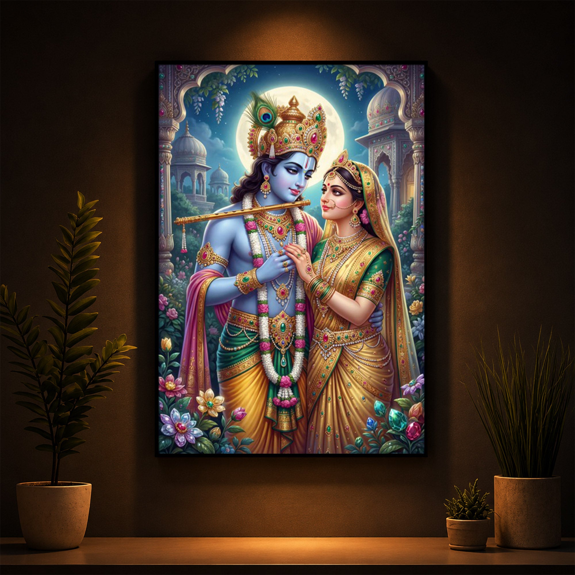 Goddess Shri Radha and God Krishna Modern Luxury Backlight Vertical Wall Art