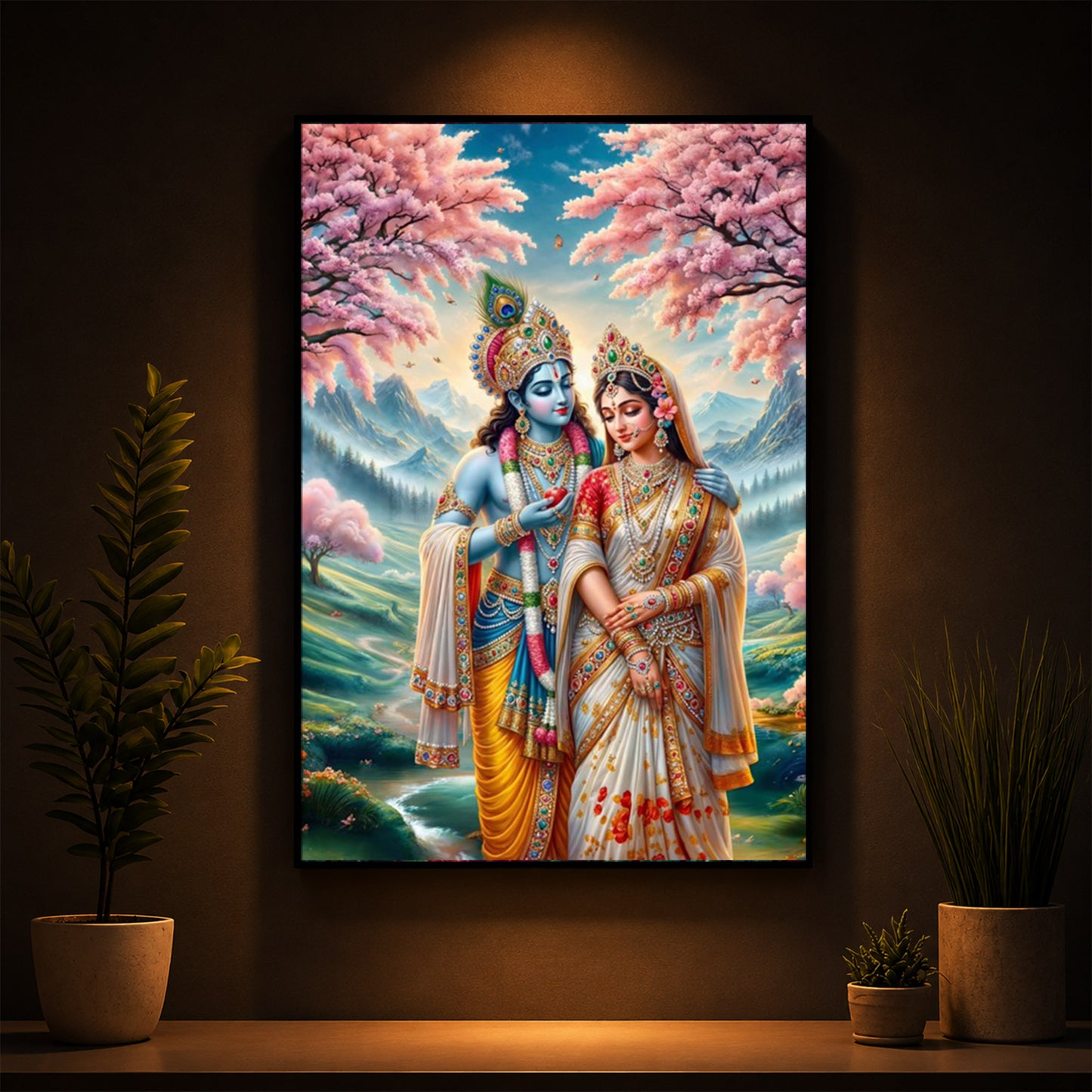 Radha Krishna Standing Together Modern Luxury Backlight Vertical Wall Art