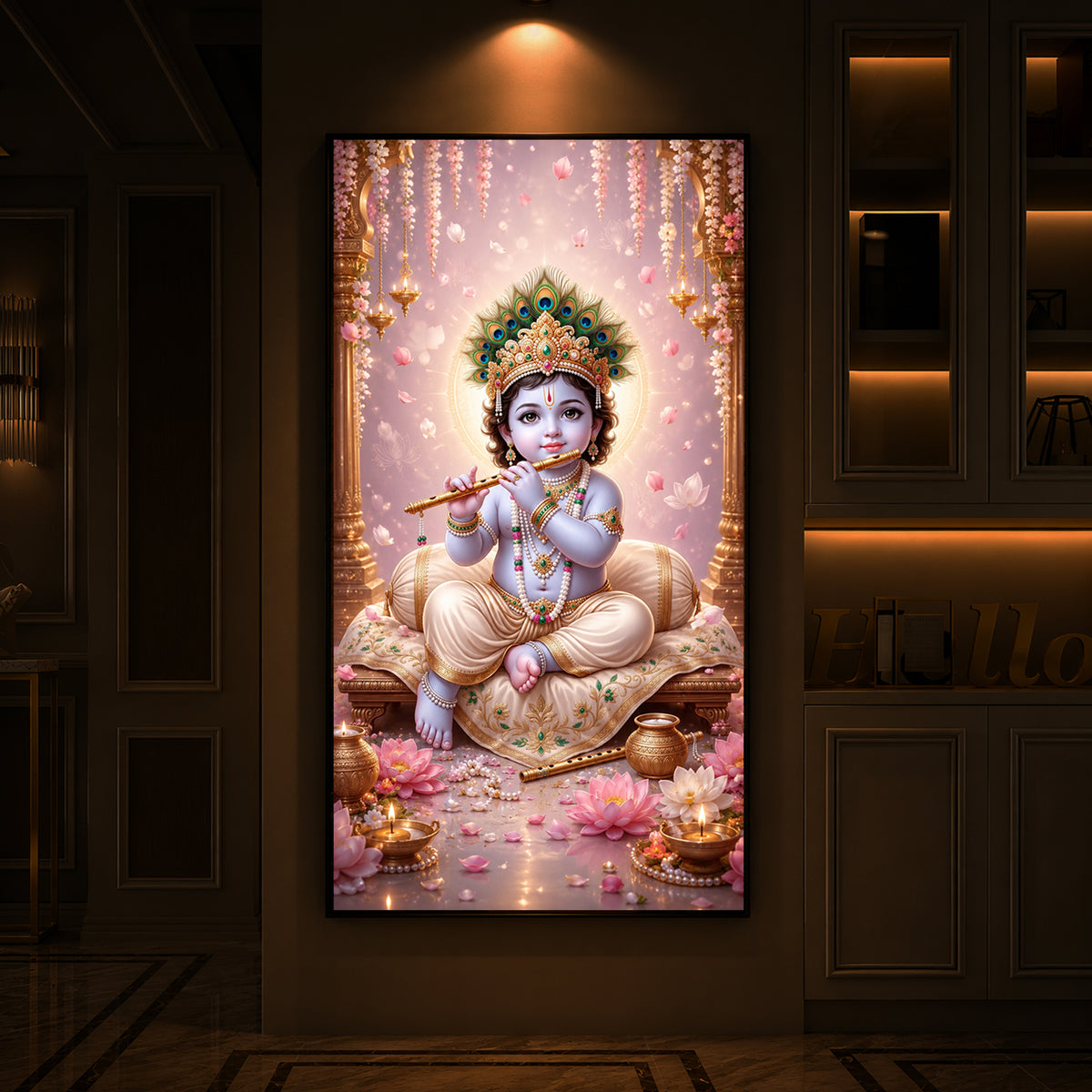 Little Laddu Gopal Playing Flute Modern Luxury Backlight Vertical Wall Art