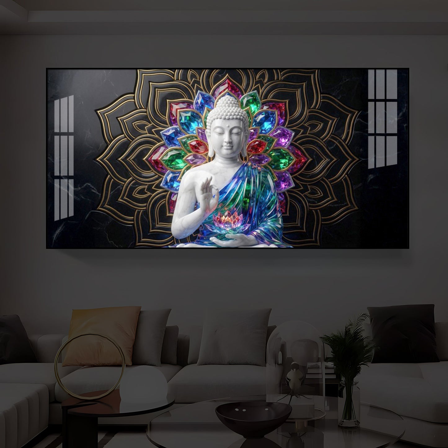 Meditating Buddha Modern Luxury Backlight Horizontal Wall Art