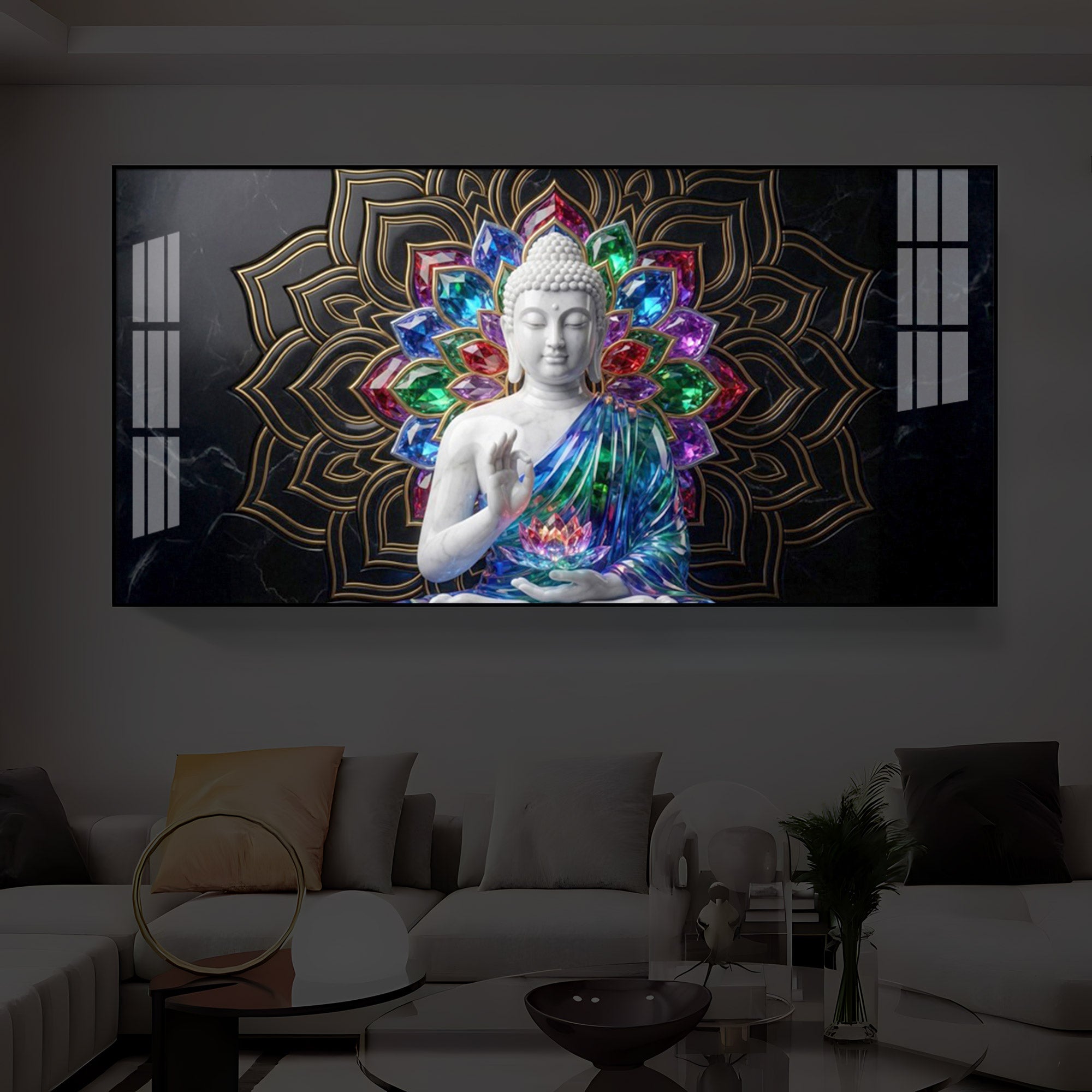 Meditating Buddha Modern Luxury Backlight Horizontal Wall Art