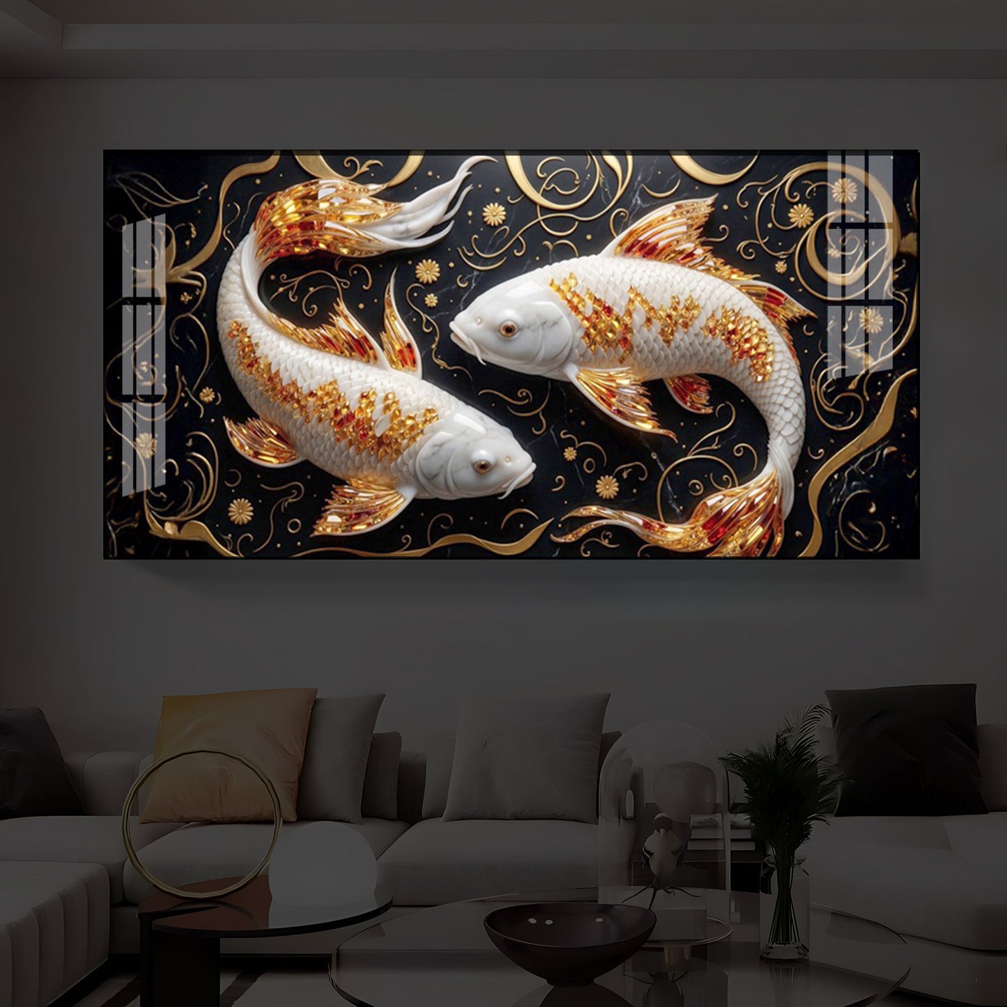 Two Golden Koi Fish Modern Luxury Backlight Horizontal Wall Art
