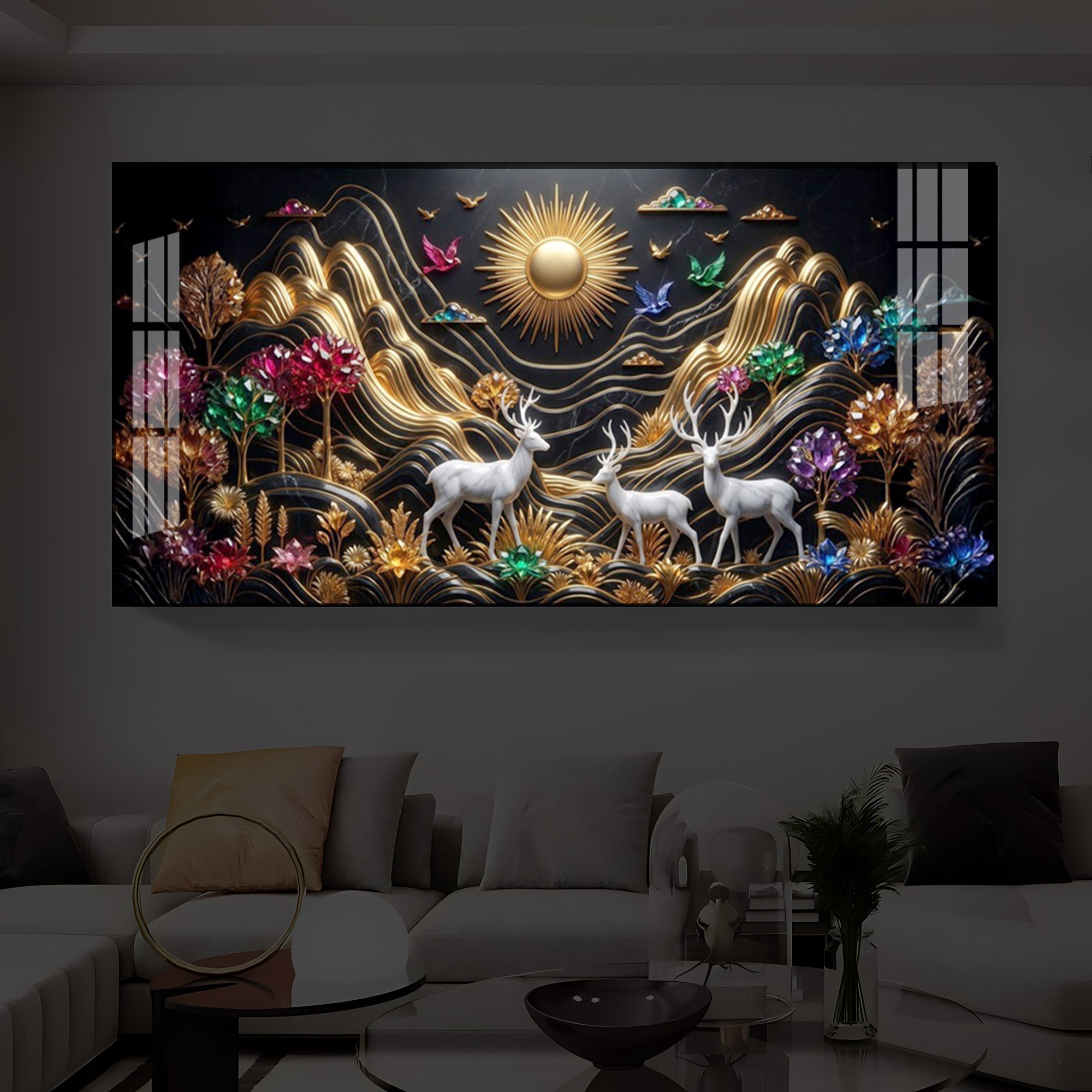 White Deer With Sun Modern Luxury Backlight Horizontal Wall Art