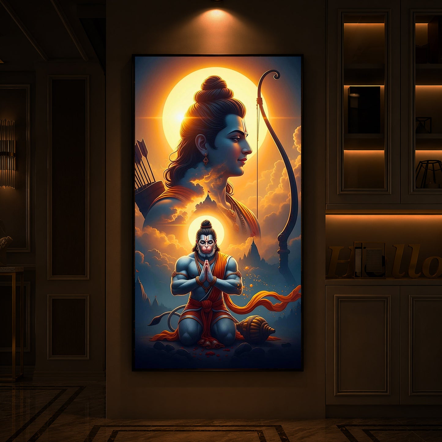 Ram and Hanuman Ji Modern Luxury Backlight Vertical Wall Art