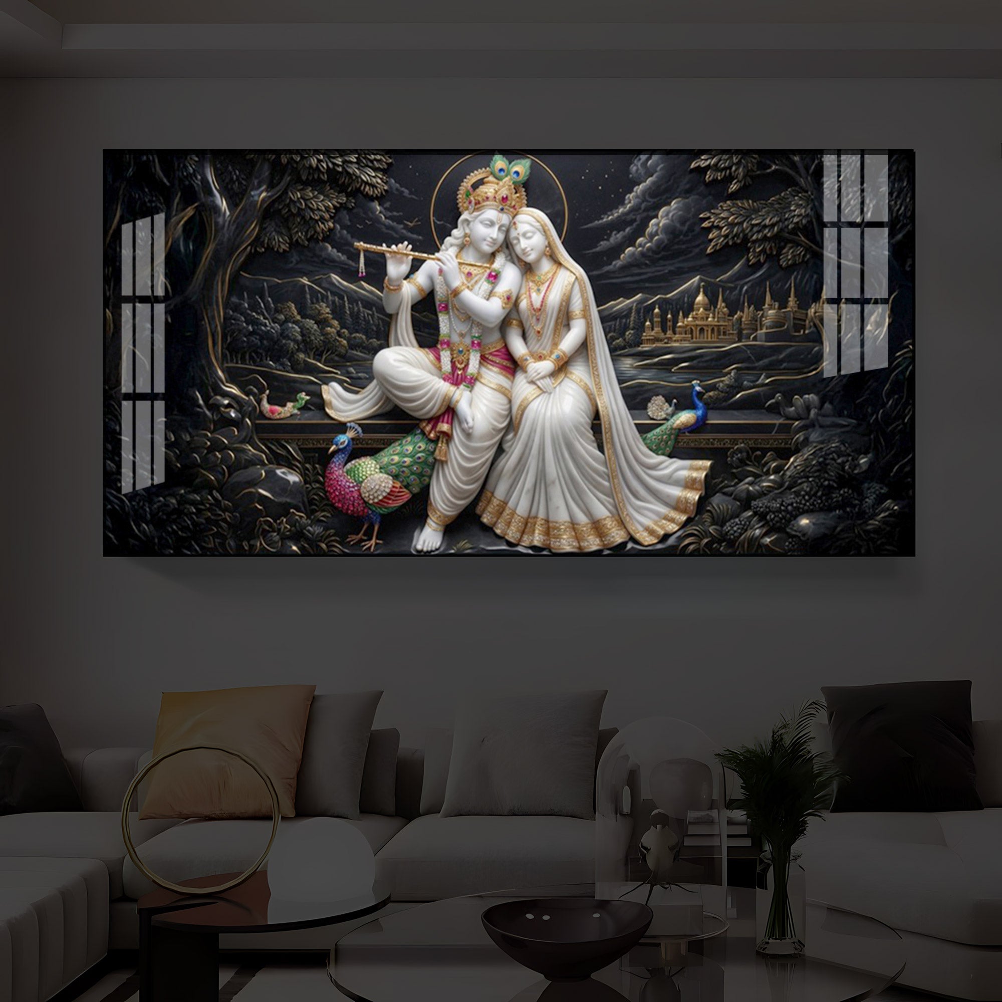 Divine Harmony Radha Krishna Modern Luxury Backlight Horizontal Wall Art