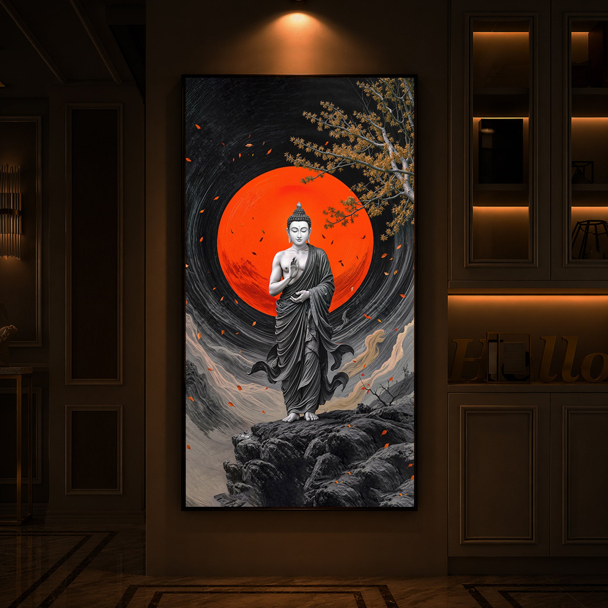 Namo Buddhay Modern Luxury Backlight Vertical Wall Art
