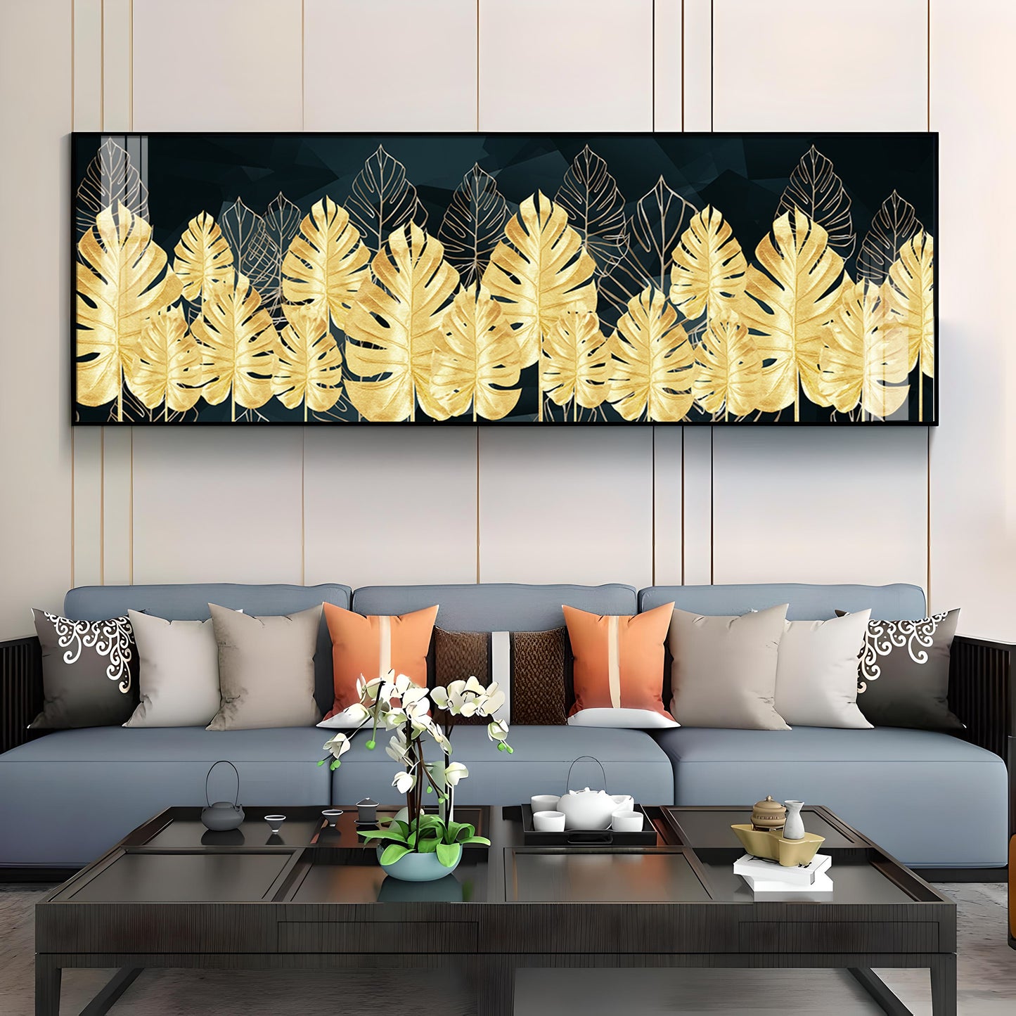 Golden Monstera Leaf Premium Acrylic Horizontal Wall Art