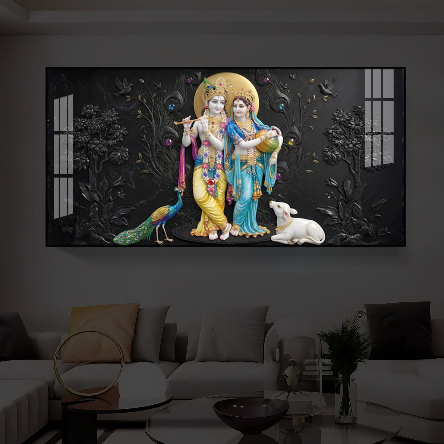 Depicting Radha Krishna Modern Luxury Backlight Horizontal Wall Art