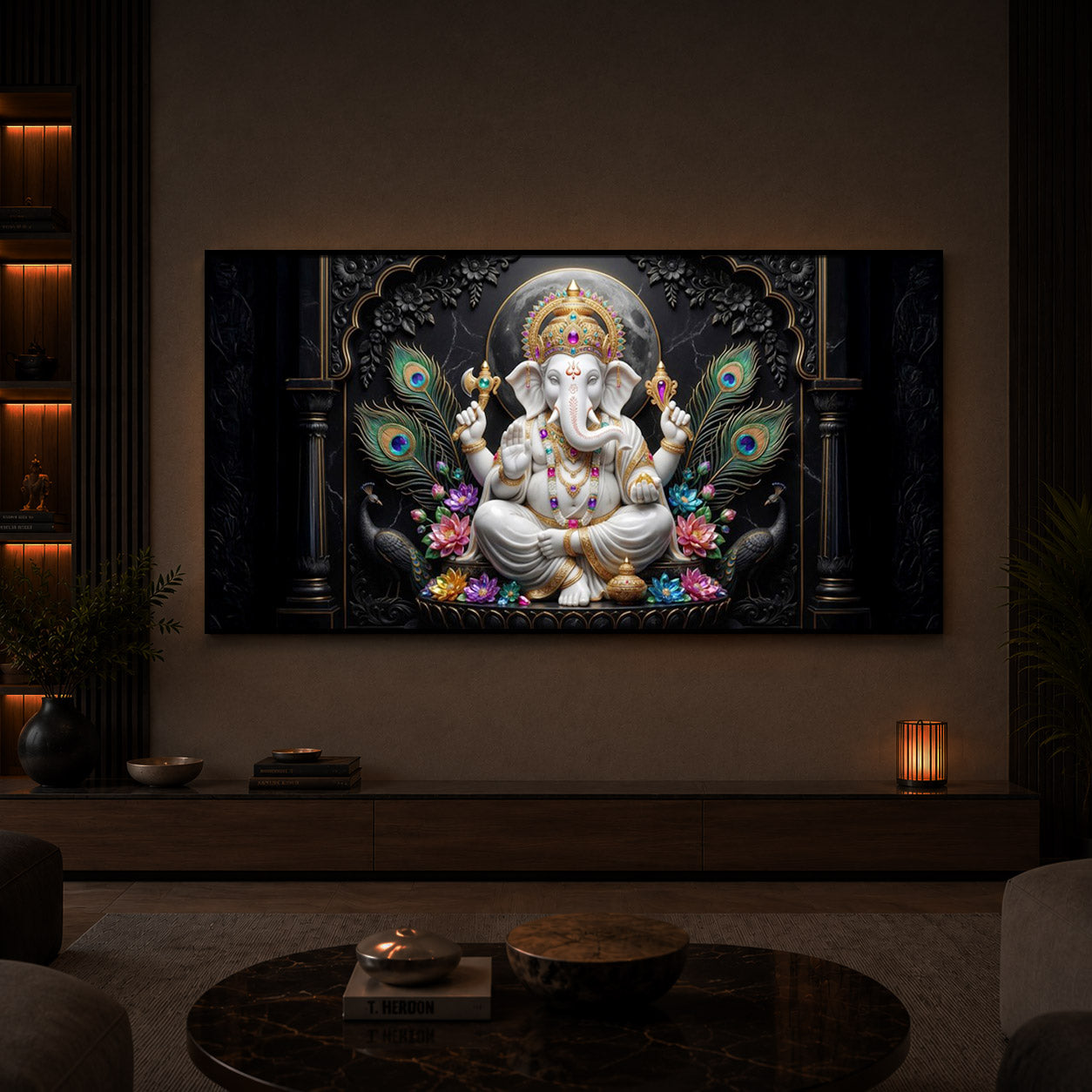 Lord Ganesha With Peacock Feather Modern Luxury Backlight Horizontal Wall Art