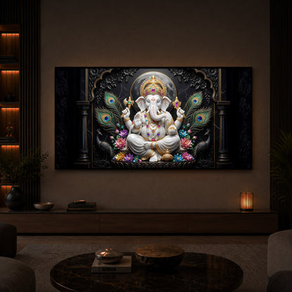 Lord Ganesha With Peacock Feather Modern Luxury Backlight Horizontal Wall Art