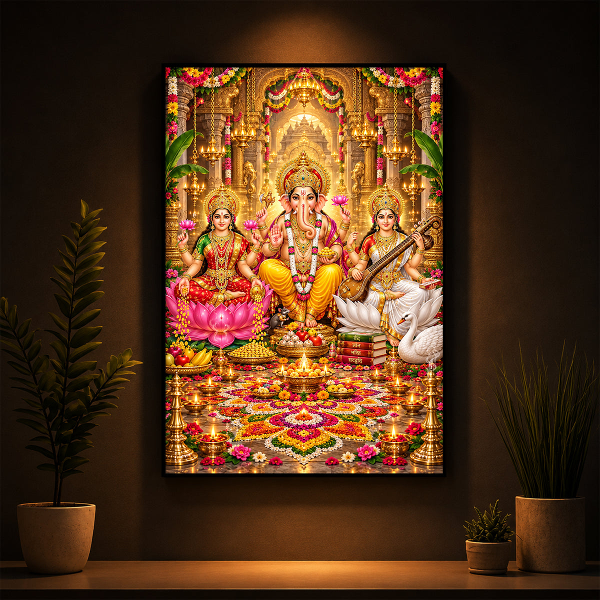 Maa Lakshmi, Lord Ganesha and Goddess Saraswati Modern Luxury Backlight Vertical Wall Art