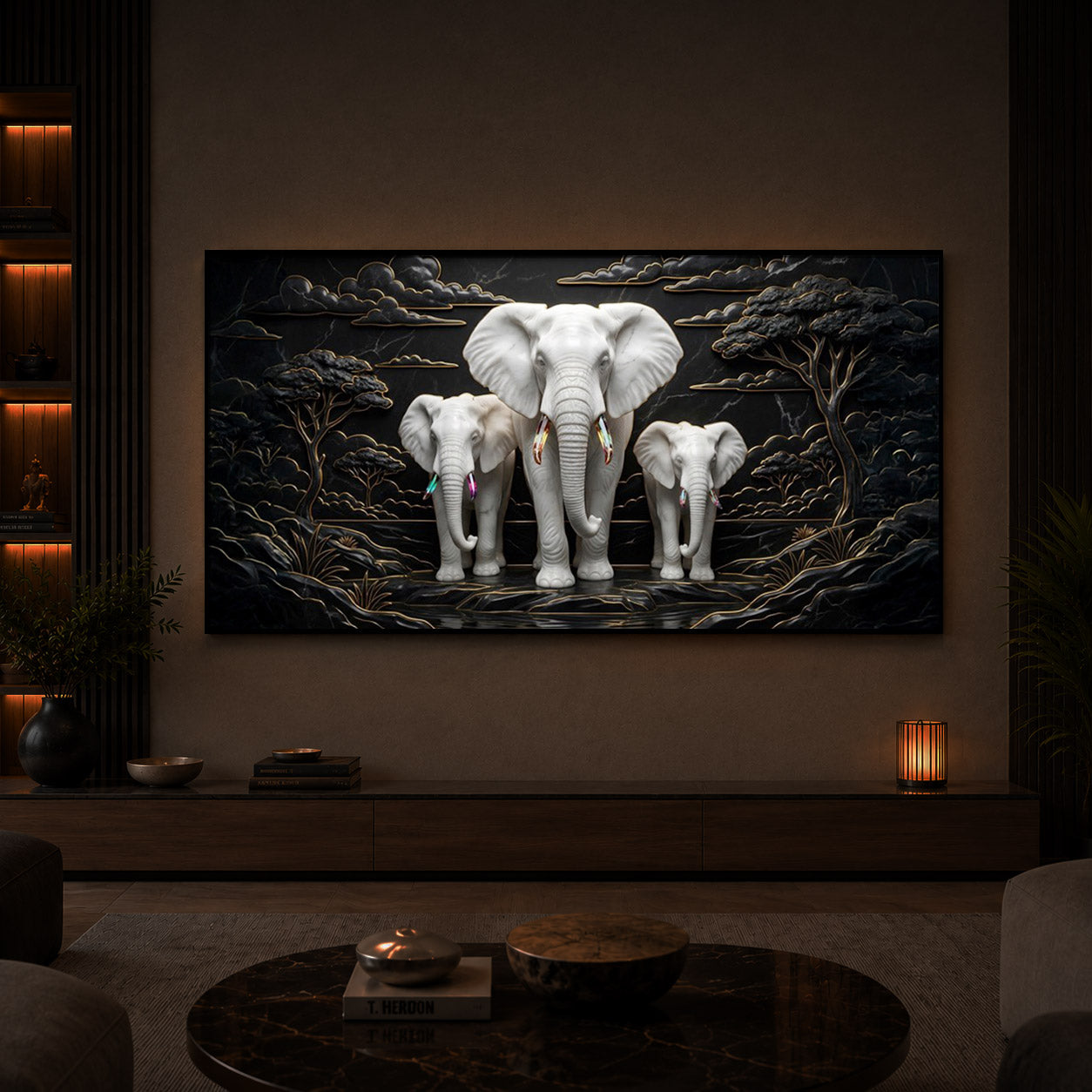White Elephant Family Modern Luxury Backlight Horizontal Wall Art