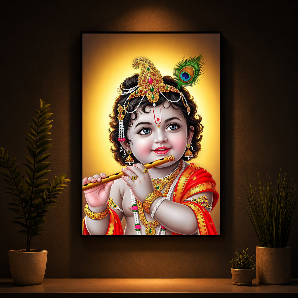 Lord baby Krishna Modern Luxury Backlight Vertical Wall Art