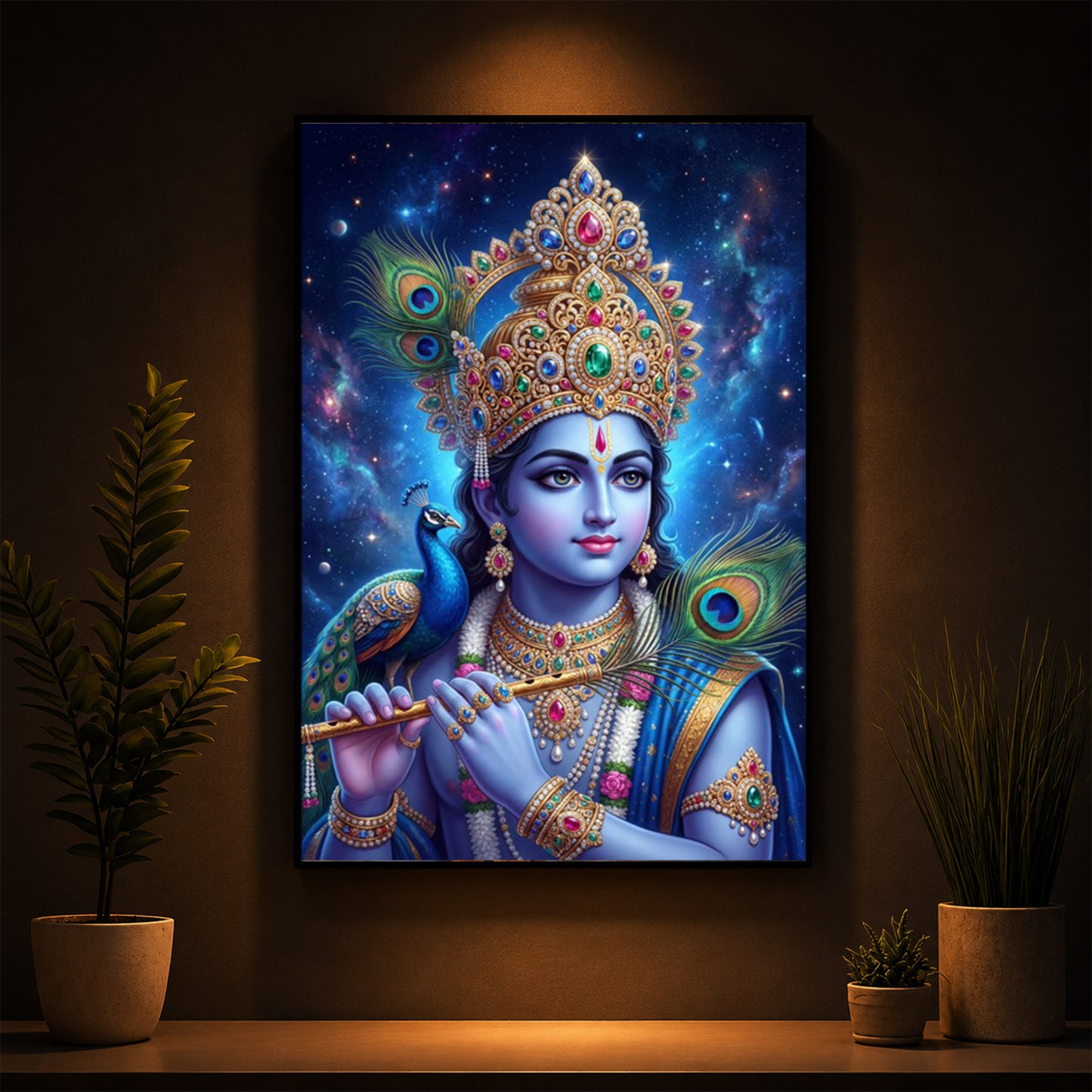 Hindu Deity Lord Krishna Modern Luxury Backlight Vertical Wall Art