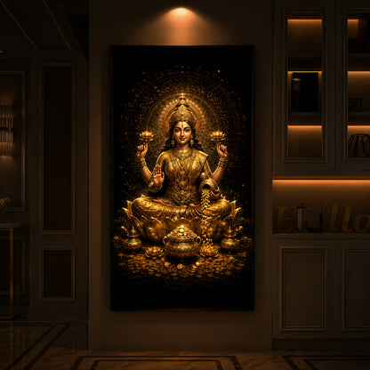 Divine Goddess Laxmi Golden Lotus Modern Luxury Backlight Vertical Wall Art