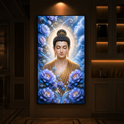 Divine Buddha Glowing Aura Modern Luxury Backlight Vertical Wall Art
